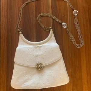 White Faux Ostrich Skin Vintage Lou Taylor Bag with attached mirror
